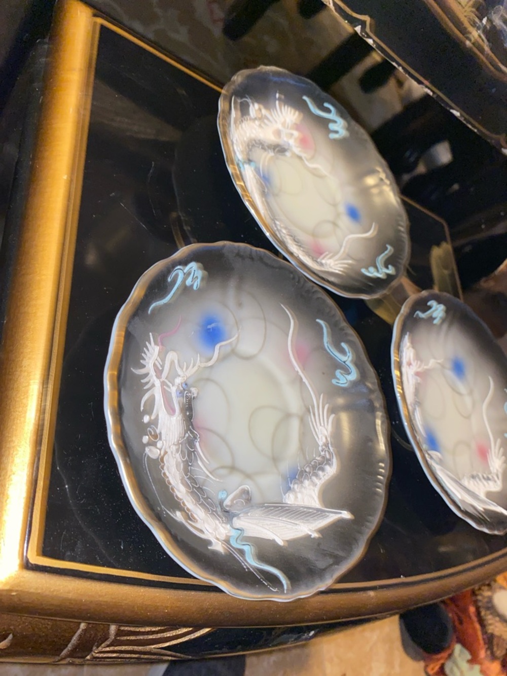 Decorative Dragon Ware Ceramic Plates - Black, Cream, Blue Accents 5.7” - Picture 7 of 8